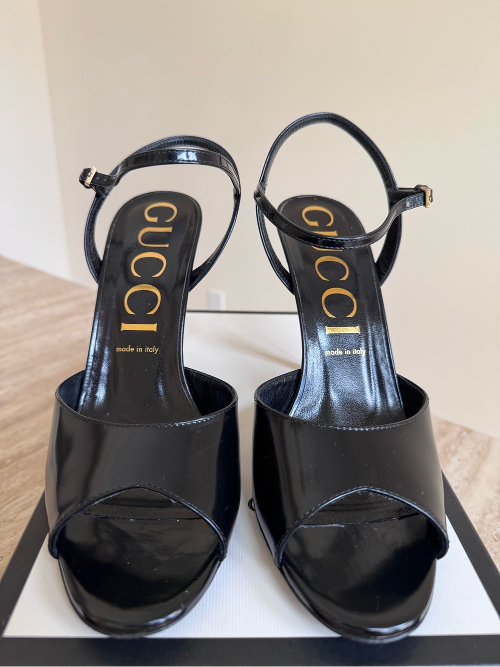 Gucci Black Patent Leather Ankle-Strap Open-Toe Heels - Picture 2 of 8
